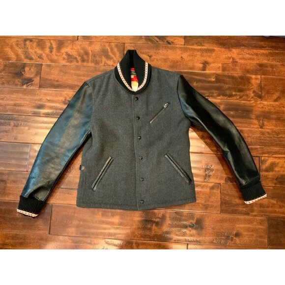 Dry Bones Gray Wool Varsity Jacket w/ Black Leather Sleeves, Size M - Picture 1 of 11